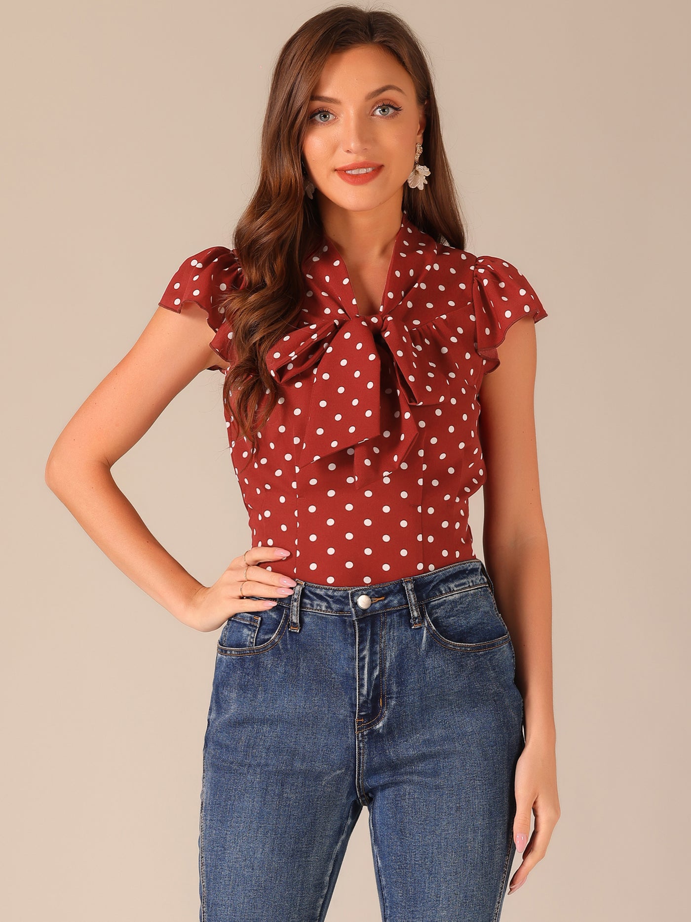 Allegra K Summer Polka Dots Top Bow Tie V Neck Ruffled Cap Sleeve Office Blouse