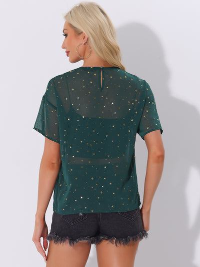 Glitter Metallic Stars Sheer Short Sleeve T-Shirt