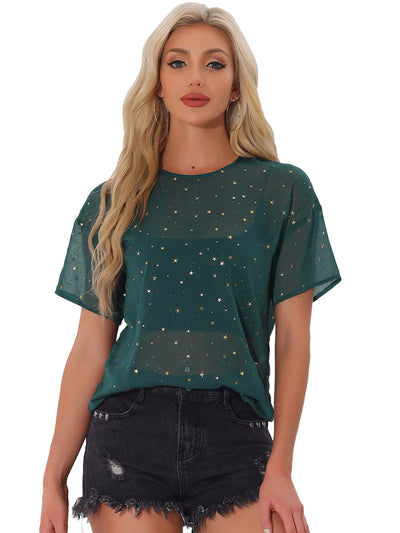 Glitter Metallic Stars Sheer Short Sleeve T-Shirt