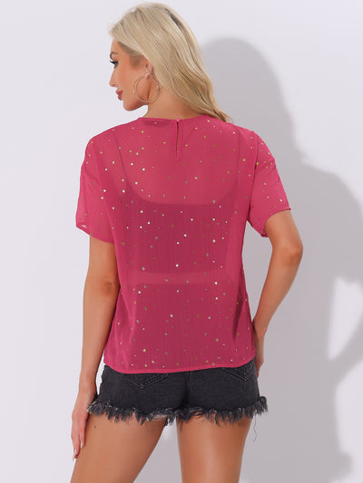 Glitter Metallic Stars Sheer Short Sleeve T-Shirt