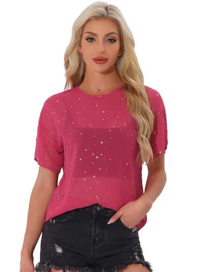 Glitter Metallic Stars Sheer Short Sleeve T-Shirt