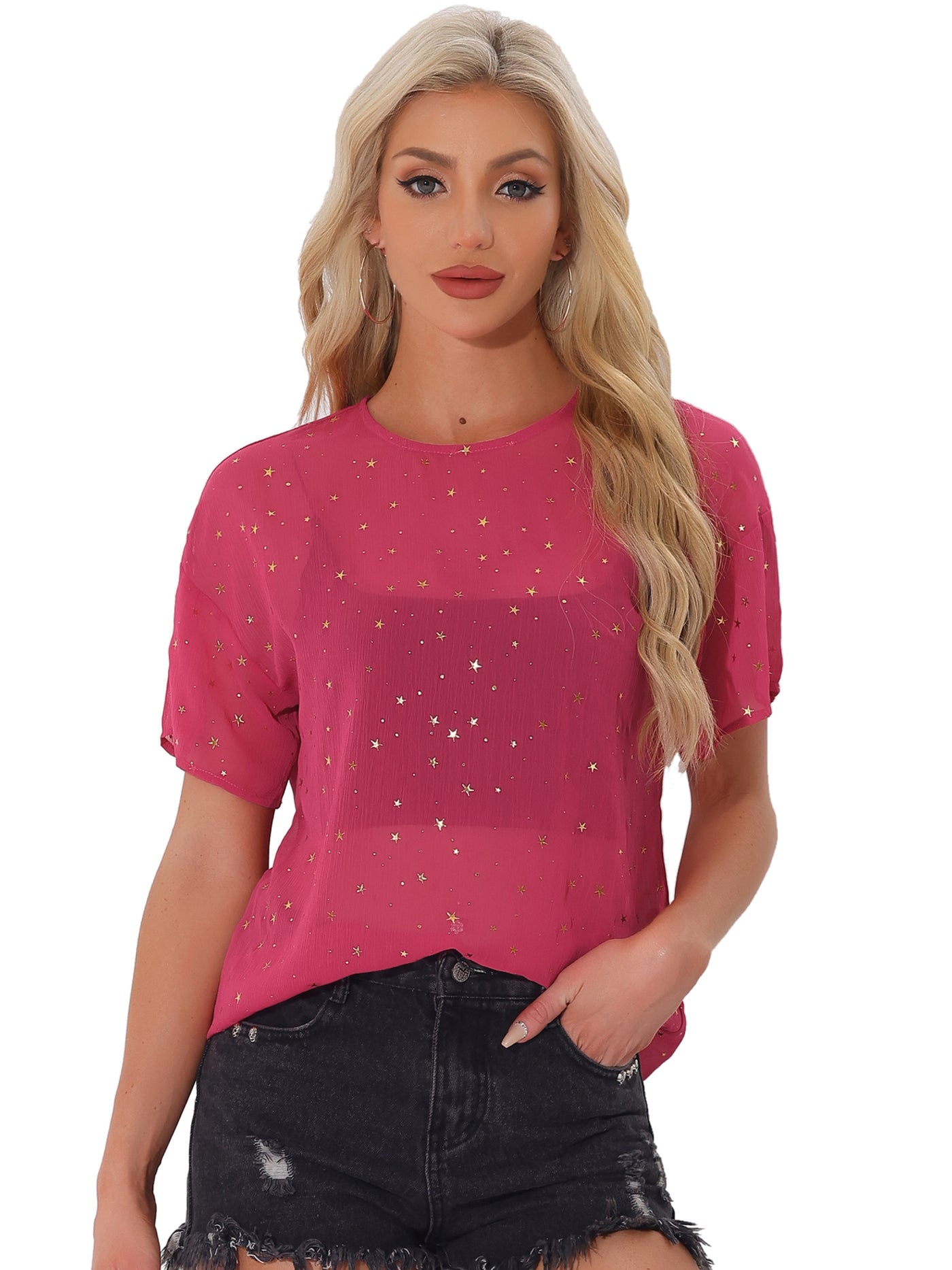 Allegra K Glitter Metallic Stars Sheer Short Sleeve T-Shirt