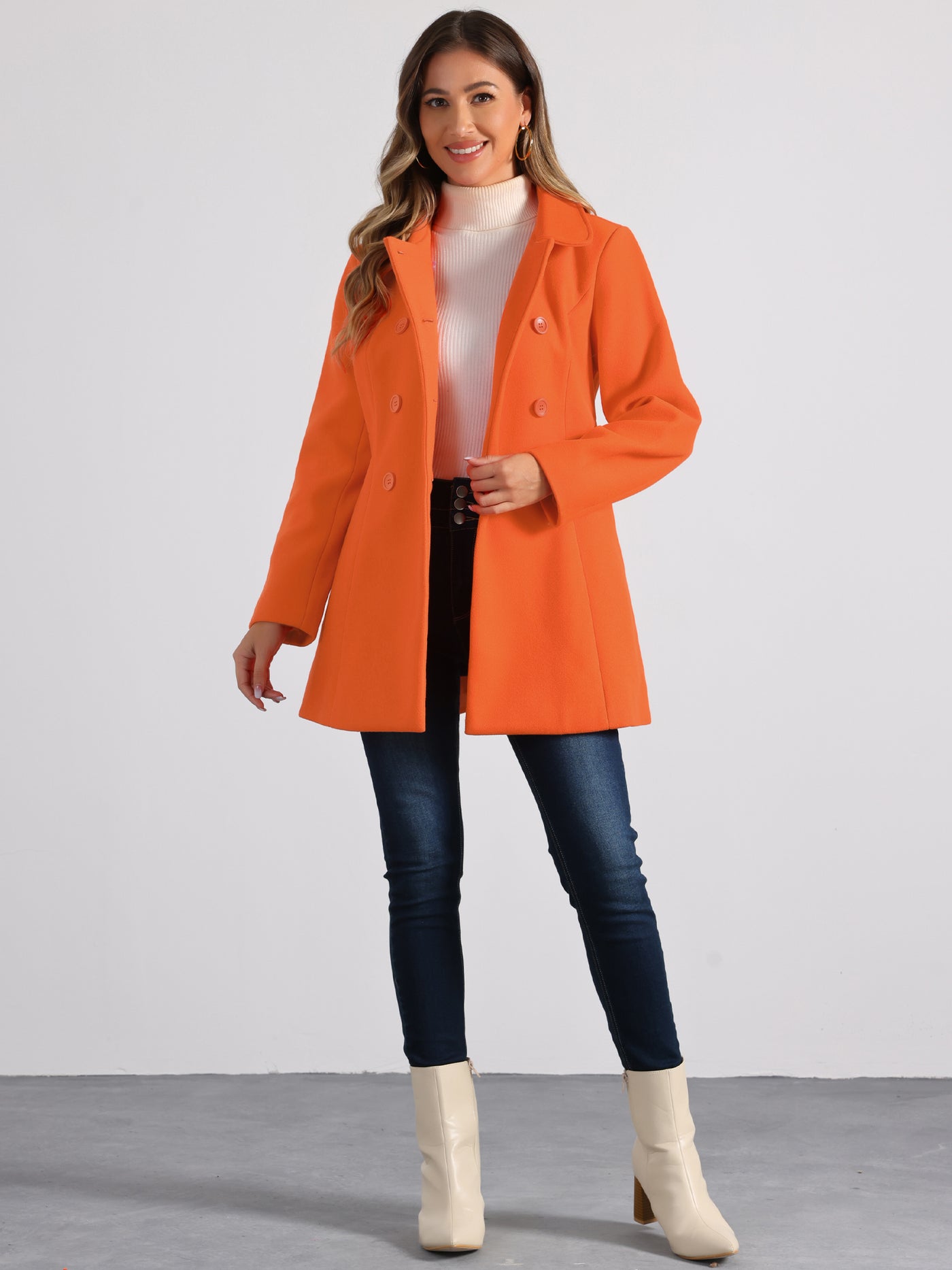 Allegra K Peter Pan Collar Double Breasted Winter Long Trench Pea Coat