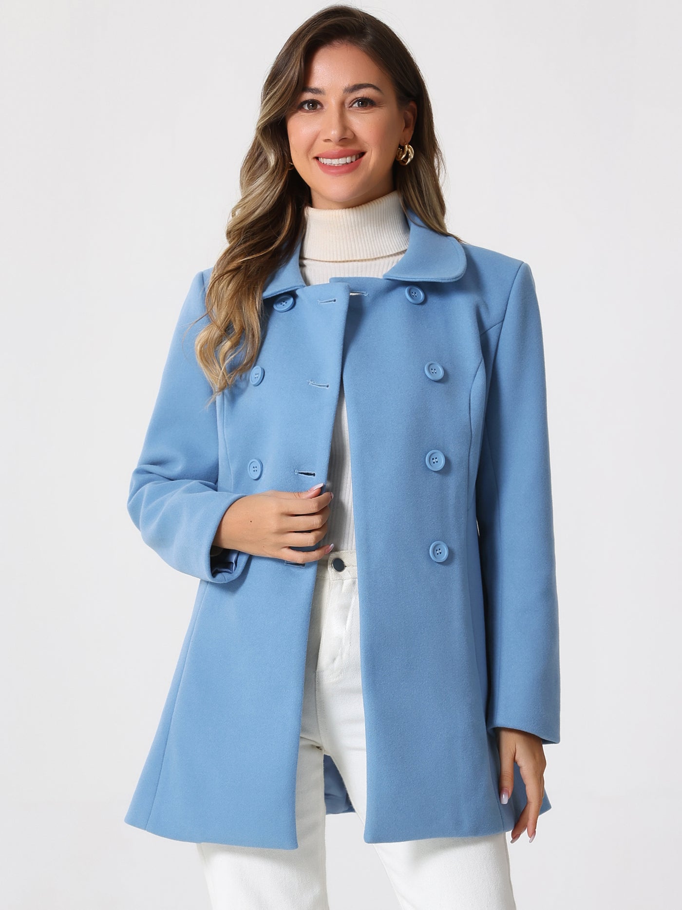 Allegra K Peter Pan Collar Double Breasted Winter Long Trench Pea Coat