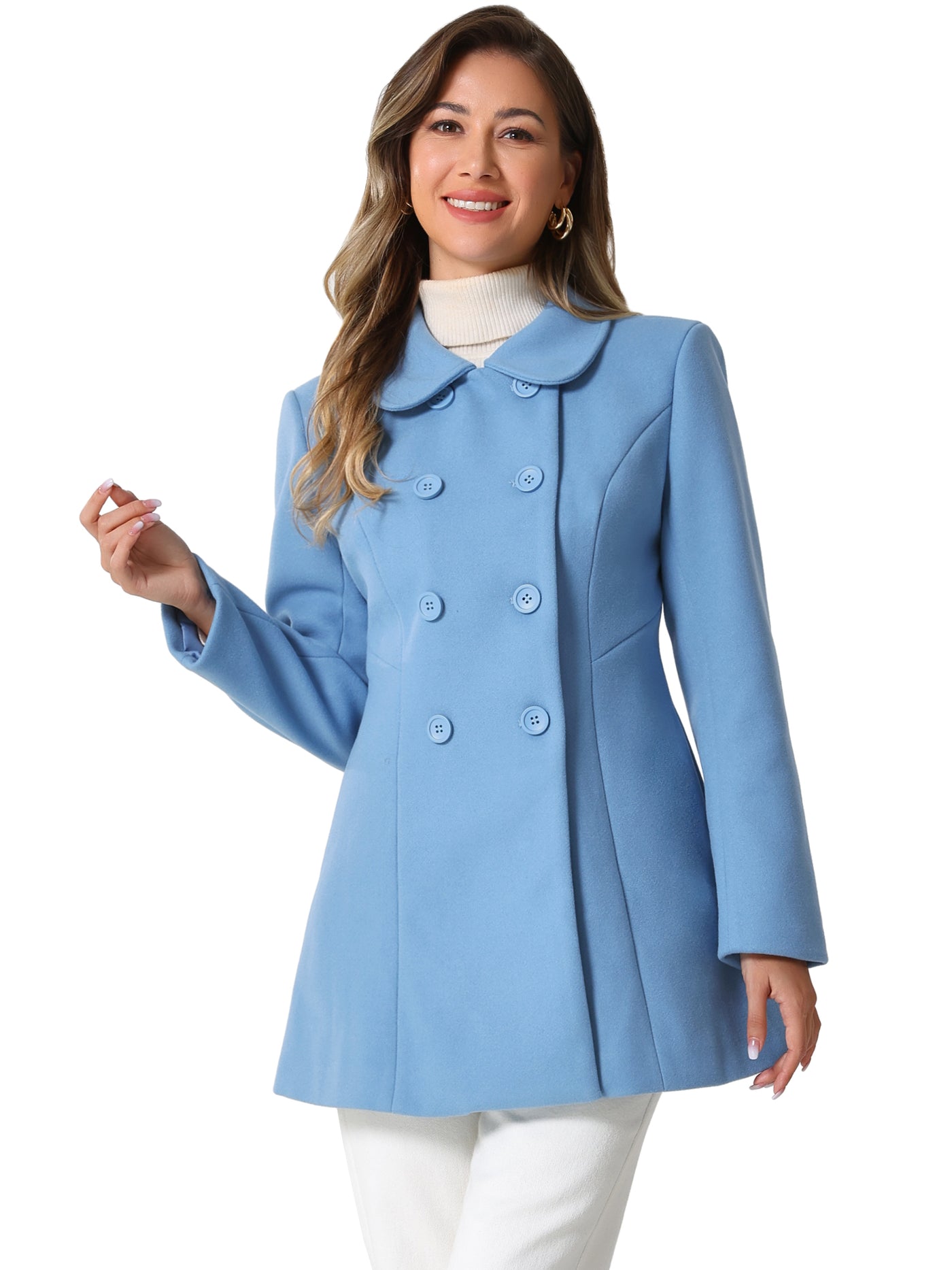 Allegra K Peter Pan Collar Double Breasted Winter Long Trench Pea Coat