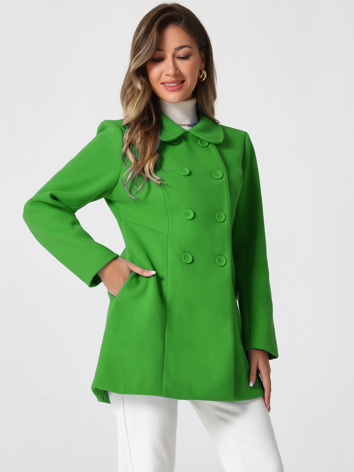 Allegra K Peter Pan Collar Double Breasted Winter Long Trench Pea Coat