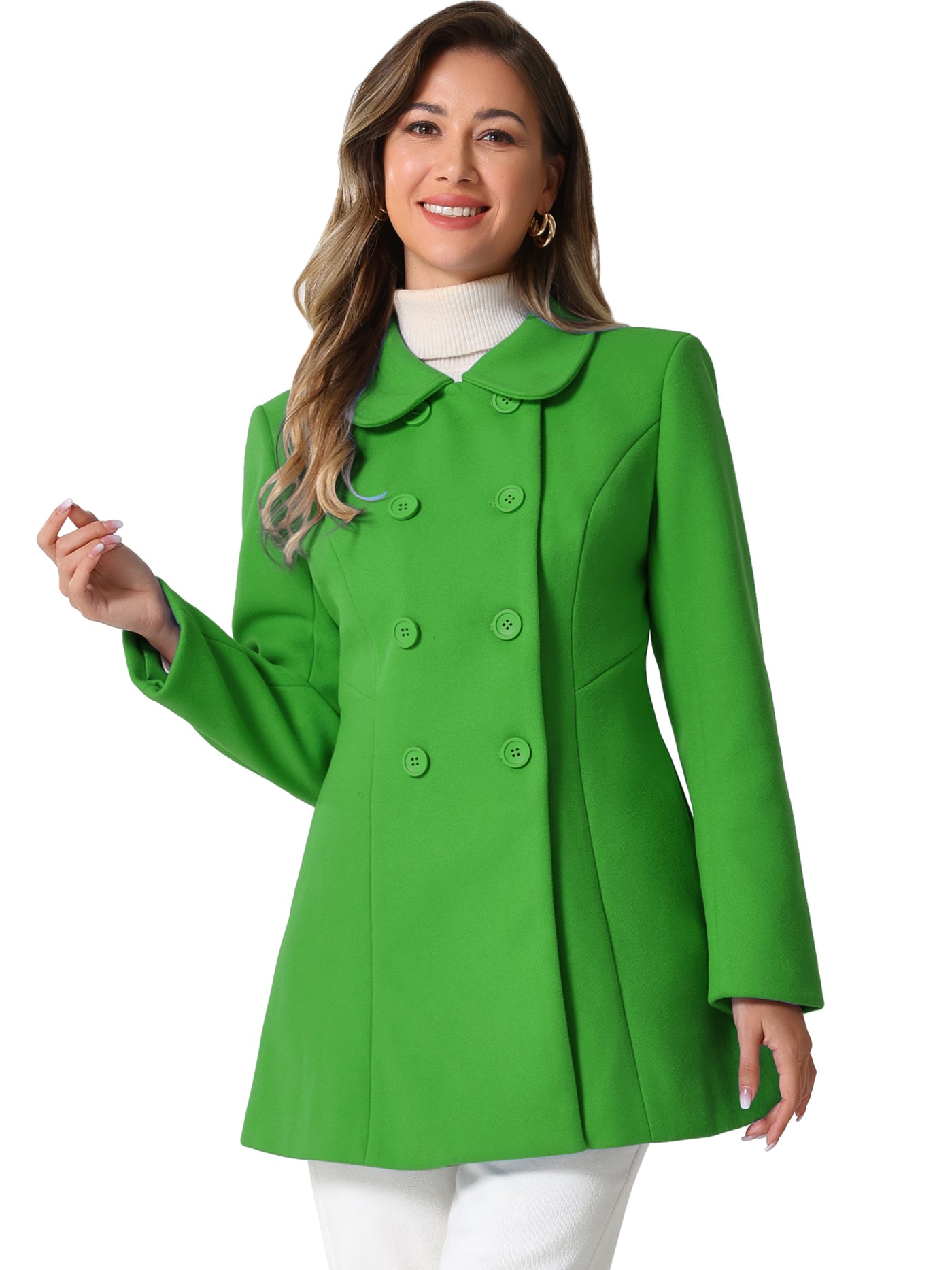 Allegra K Peter Pan Collar Double Breasted Winter Long Trench Pea Coat