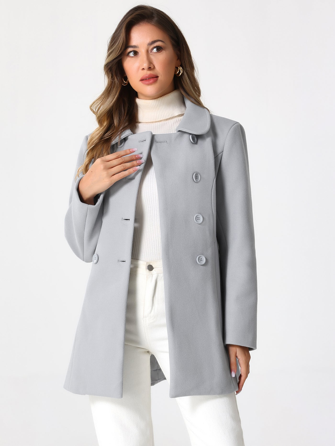 Allegra K Peter Pan Collar Double Breasted Winter Long Trench Pea Coat