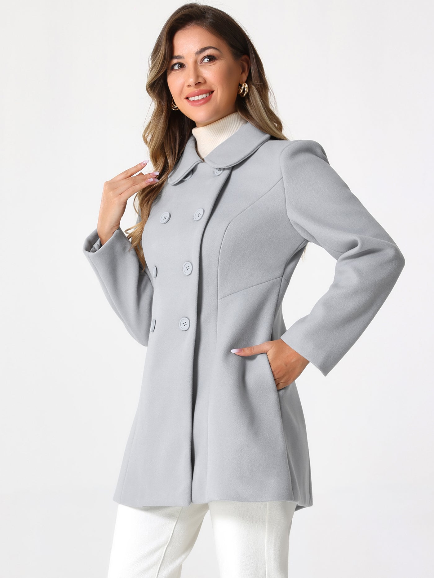 Allegra K Peter Pan Collar Double Breasted Winter Long Trench Pea Coat