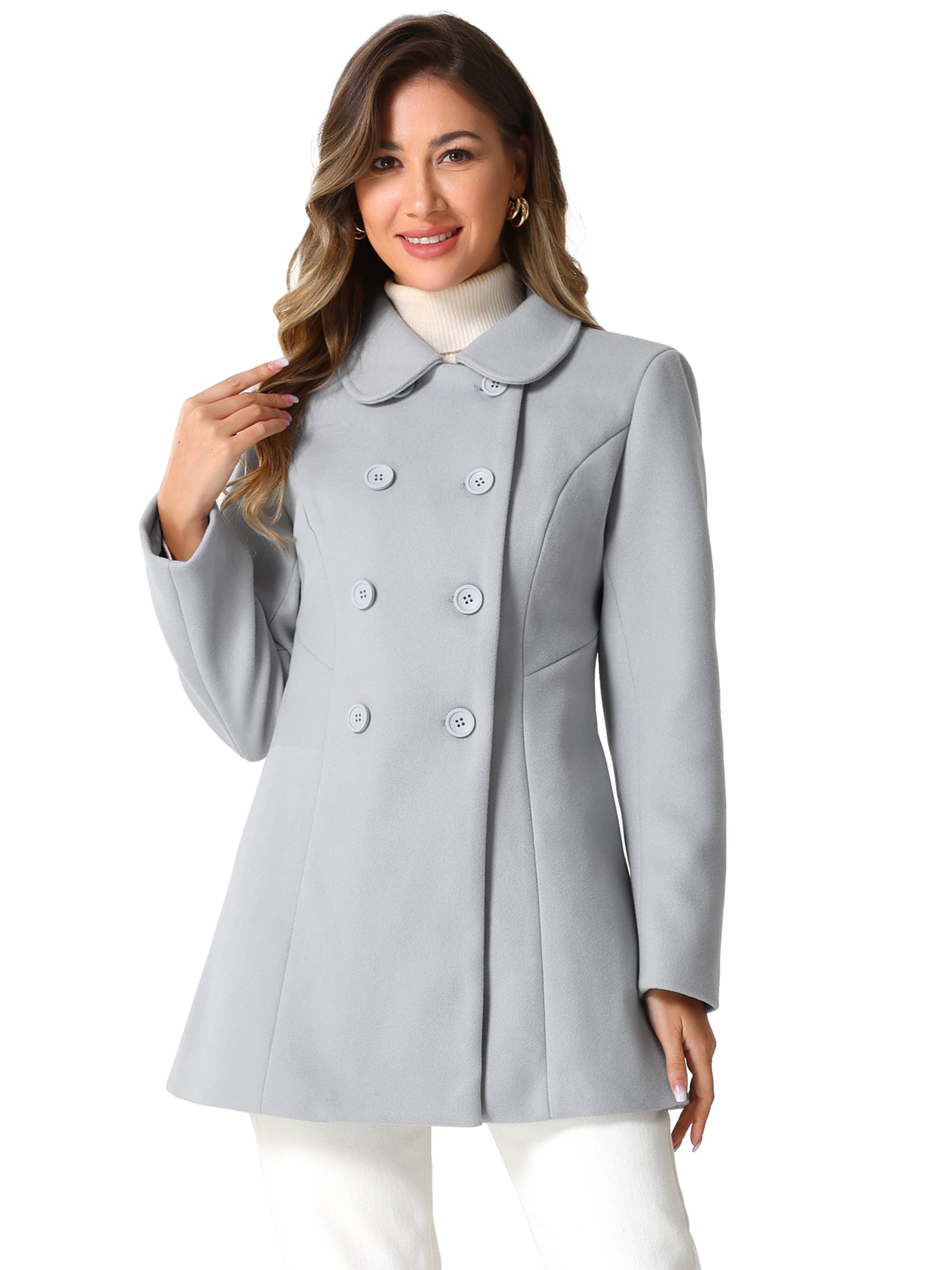 Allegra K Peter Pan Collar Double Breasted Winter Long Trench Pea Coat