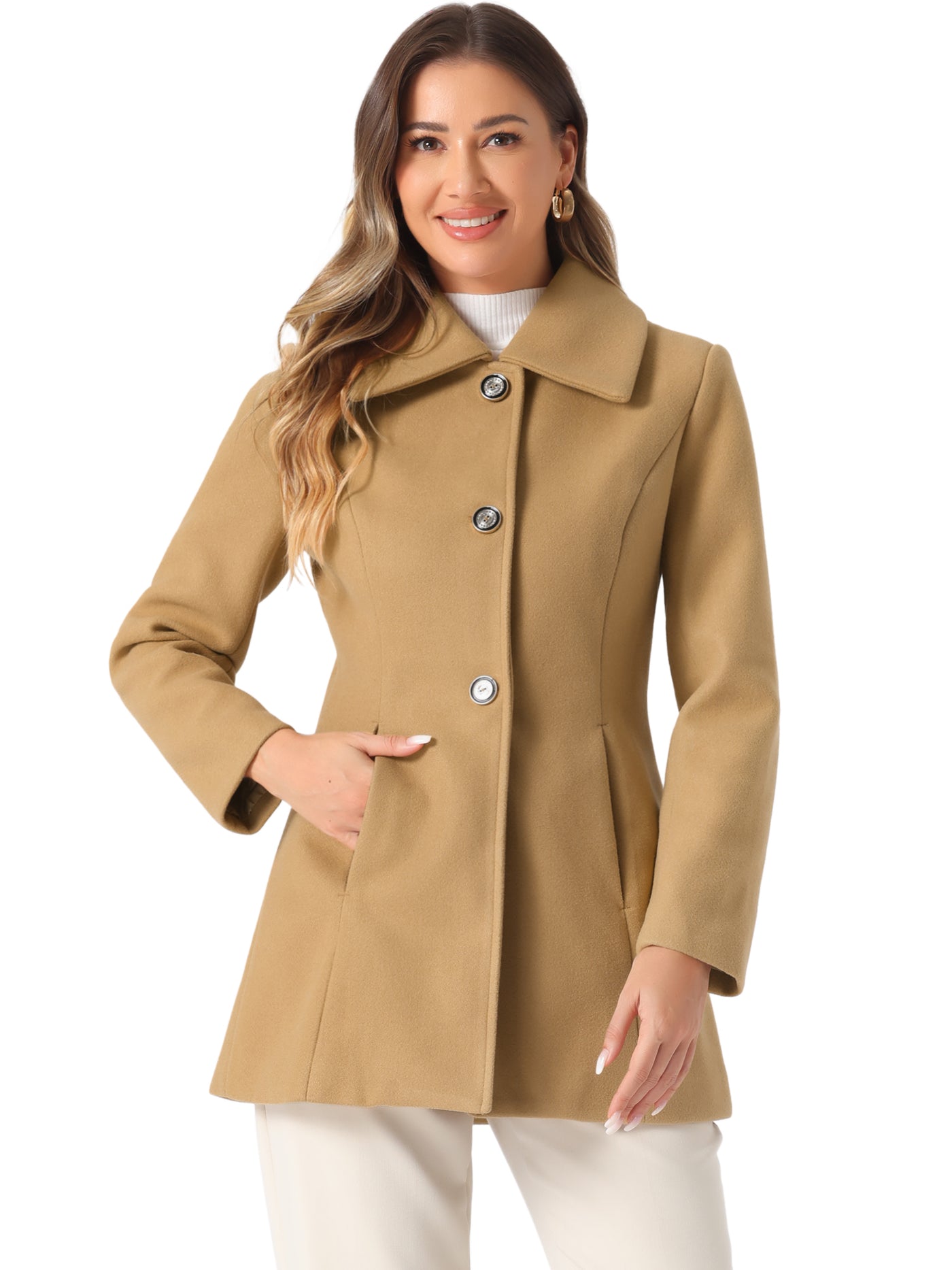 Allegra K Turn Down Collar Overcoat A-Line Single Breasted Winter Coat