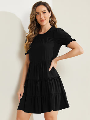 Smocked Round Neck Short Puff Sleeve Tiered Dress