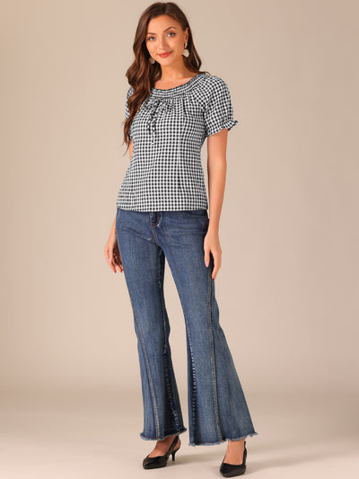 Peasant Round Neck Ruffles Puff Sleeve Gingham Plaid Blouse