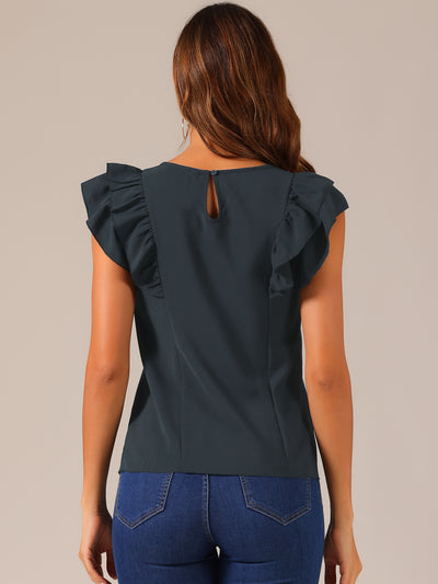 Ruffle Solid Round Neck Cap Sleeve Blouse Tops