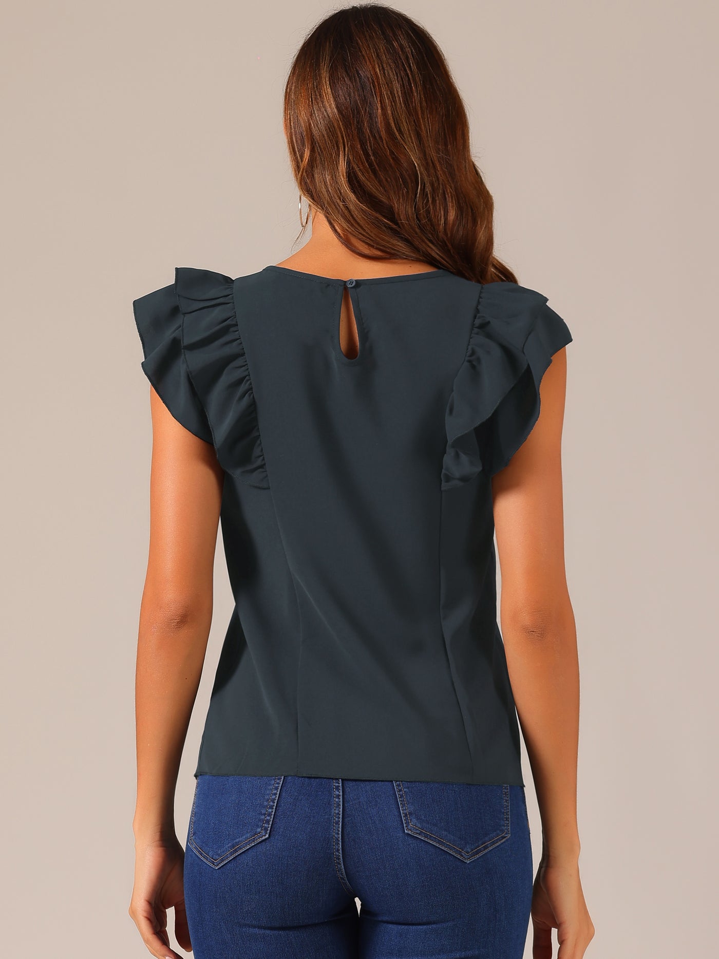 Allegra K Ruffle Solid Round Neck Cap Sleeve Blouse Tops