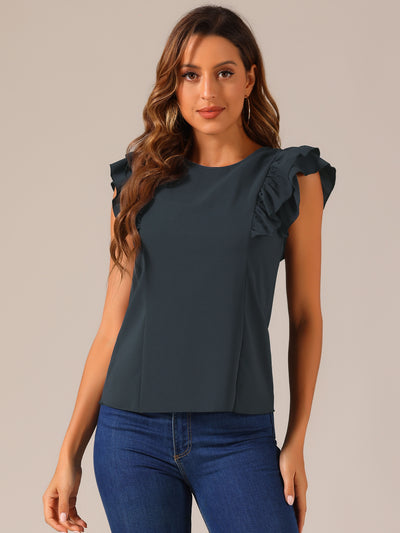 Ruffle Solid Round Neck Cap Sleeve Blouse Tops