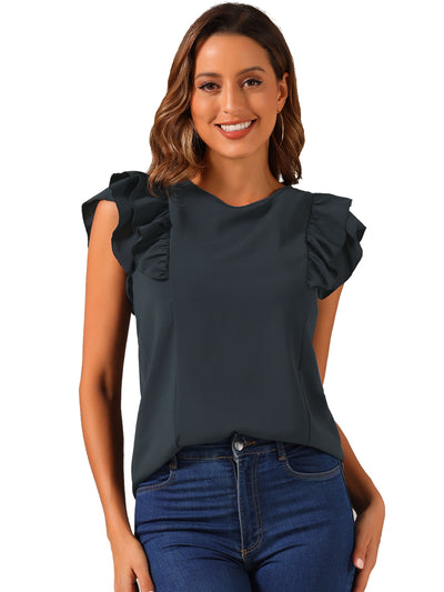 Ruffle Solid Round Neck Cap Sleeve Blouse Tops