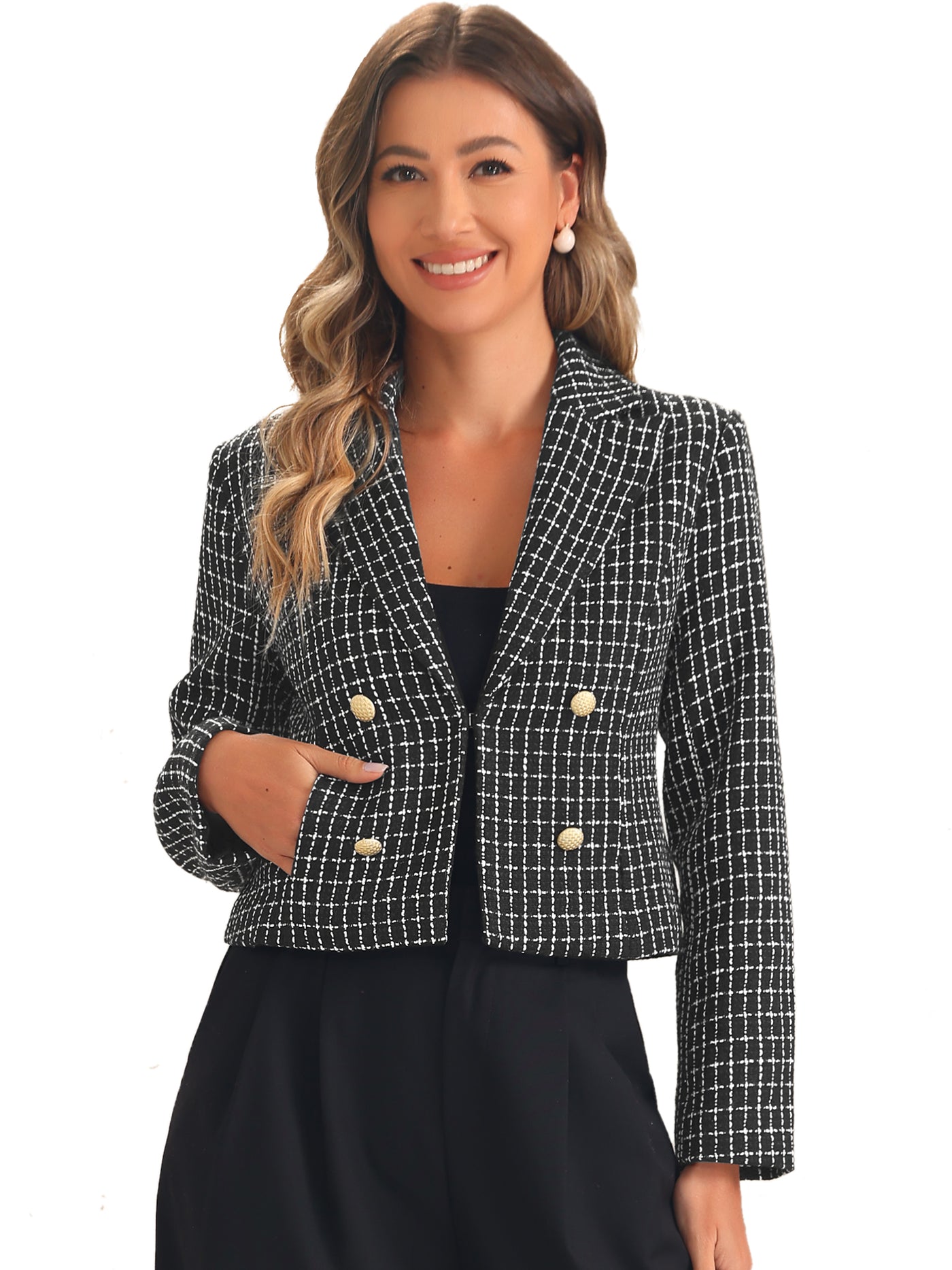 Allegra K Notched Lapel Buttons Long Sleeve Textured Cropped Jacket