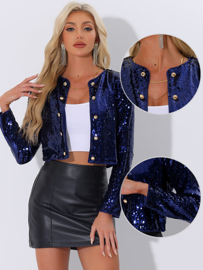 Allegra K Sequin Button Decor Long Sleeve Open Front Party Club Cropped Jackets