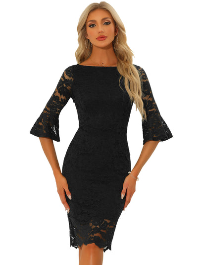 Lace Sheath Boat Neck Bell Sleeve Vintage Cocktail Dress