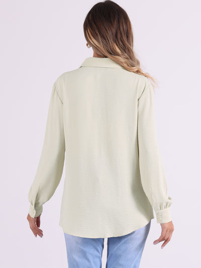 Pleated Solid Color Long Sleeves Button Down Shirts