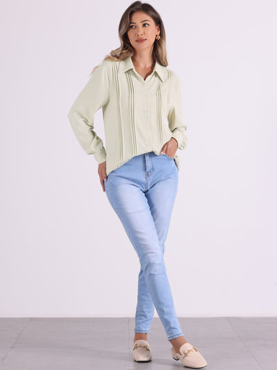 Pleated Solid Color Long Sleeves Button Down Shirts