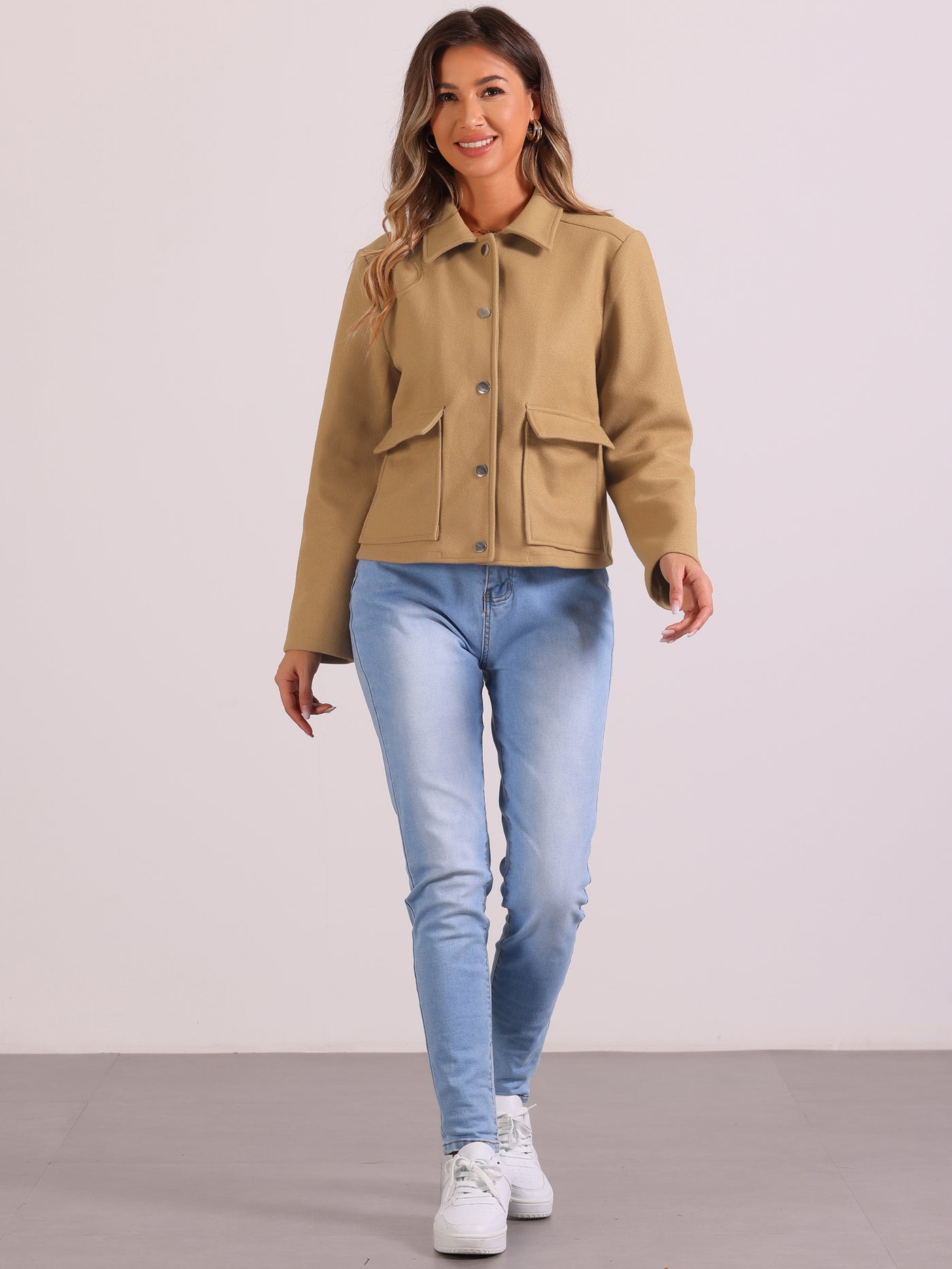 Allegra K Long Sleeve Button Pocketed Cropped Jacket Coat