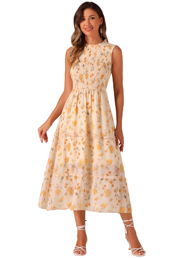 Sleeveless Floral Ruffles Crew Neck Chiffon Smocked Dress Sundress