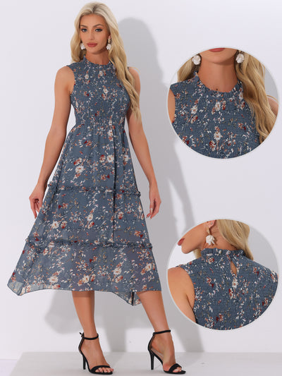 Sleeveless Floral Ruffles Crew Neck Chiffon Smocked Dress Sundress