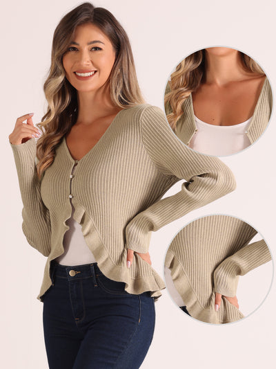 Long Sleeve Buttons Stretchy Ruffle V Neck Knit Tops