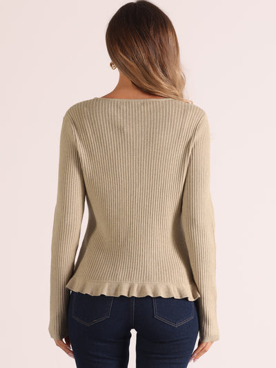 Long Sleeve Buttons Stretchy Ruffle V Neck Knit Tops