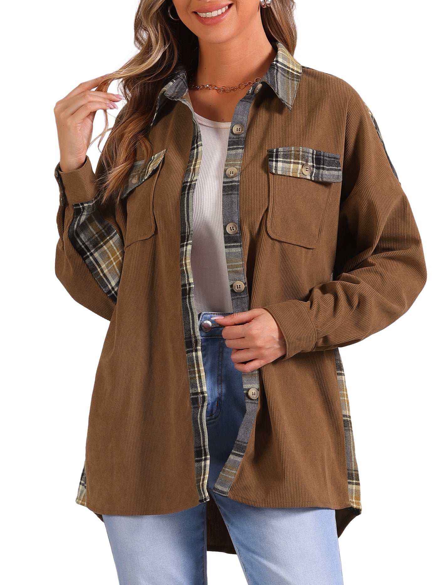 Allegra K Plaid Patchwork Long Sleeve Casual Waffle Shacket Shirt