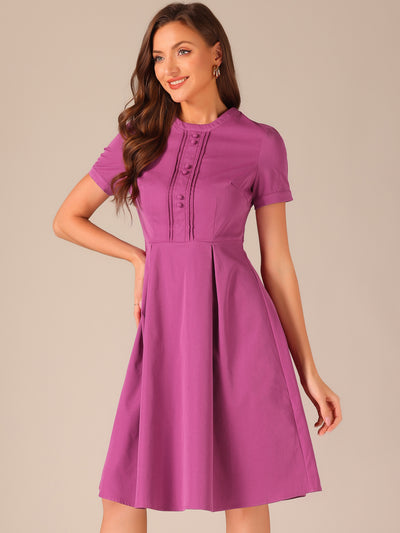 Vintage Round Neck Short Sleeve Pleated 1950s Midi Dress