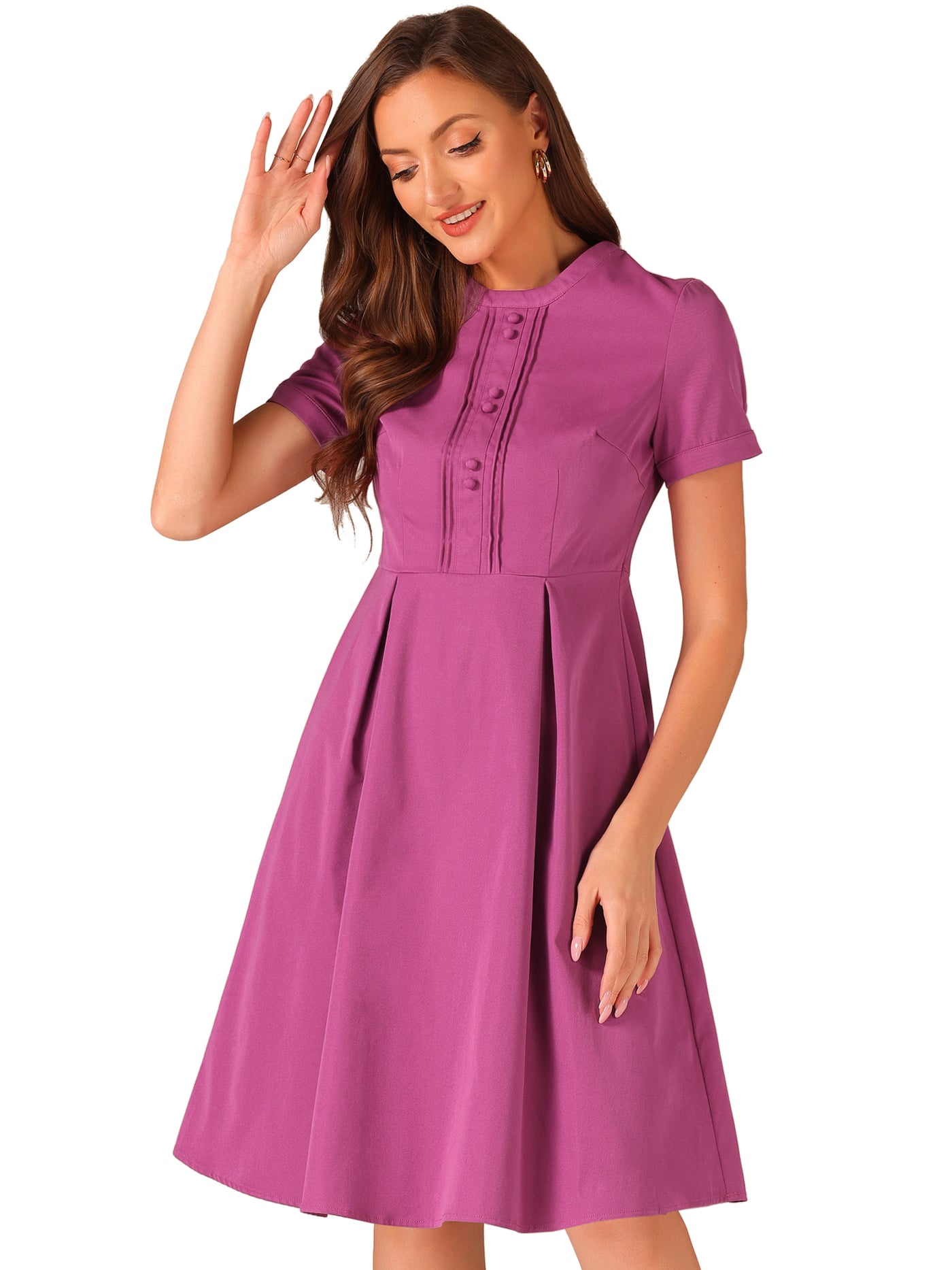 Allegra K Vintage Round Neck Short Sleeve Pleated 1950s Midi Dress