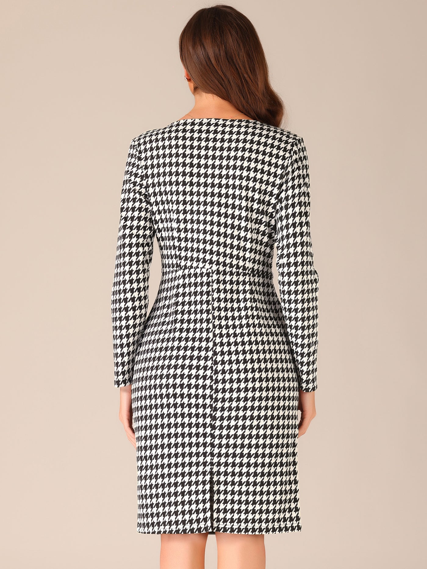 Allegra K Houndstooth Round Neck Long Sleeve Sheath Midi Dress