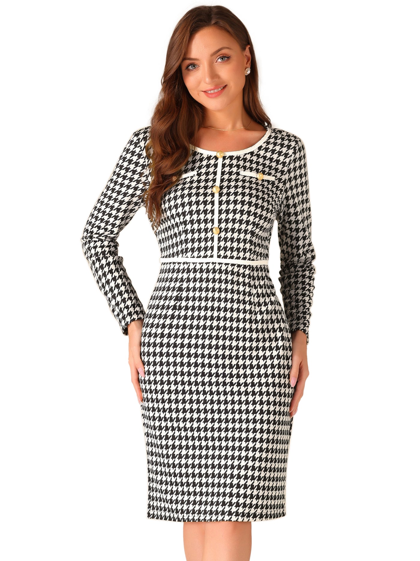 Allegra K Houndstooth Round Neck Long Sleeve Sheath Midi Dress