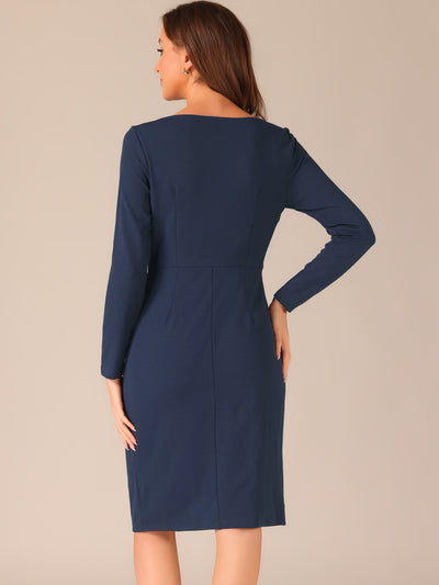 Boat Neck Long Sleeves Ruched Slit Sheath Midi Dress