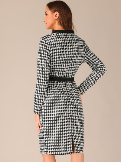 Houndstooth V Neck Belted Long Sleeve Bodycon Midi Dress