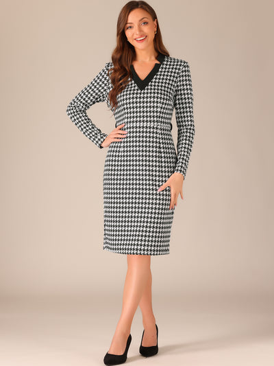 Houndstooth V Neck Belted Long Sleeve Bodycon Midi Dress