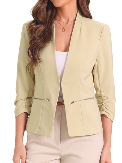 3/4 Sleeved Zipper Pockets Open Front Work Office Casual Blazer