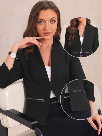 3/4 Sleeved Zipper Pockets Open Front Work Office Casual Blazer