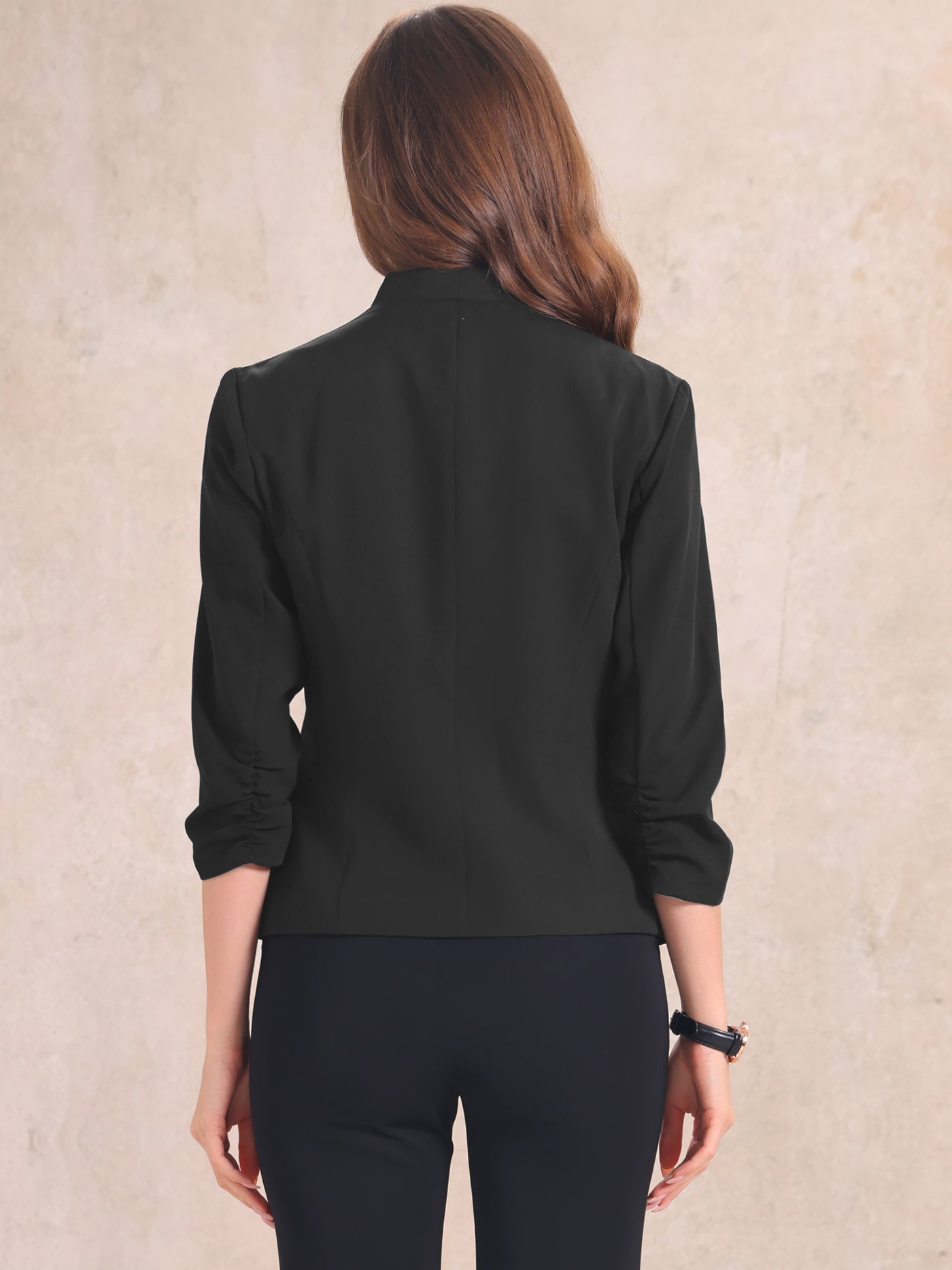 Allegra K 3/4 Sleeved Zipper Pockets Open Front Work Office Casual Blazer