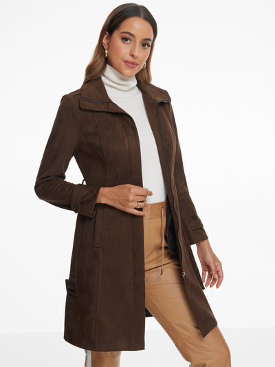 Faux Suede Belted Long Sleeves Zipper Collared Jacket