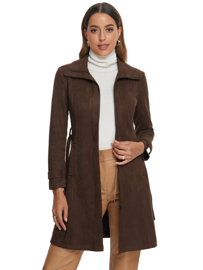 Faux Suede Belted Long Sleeves Zipper Collared Jacket