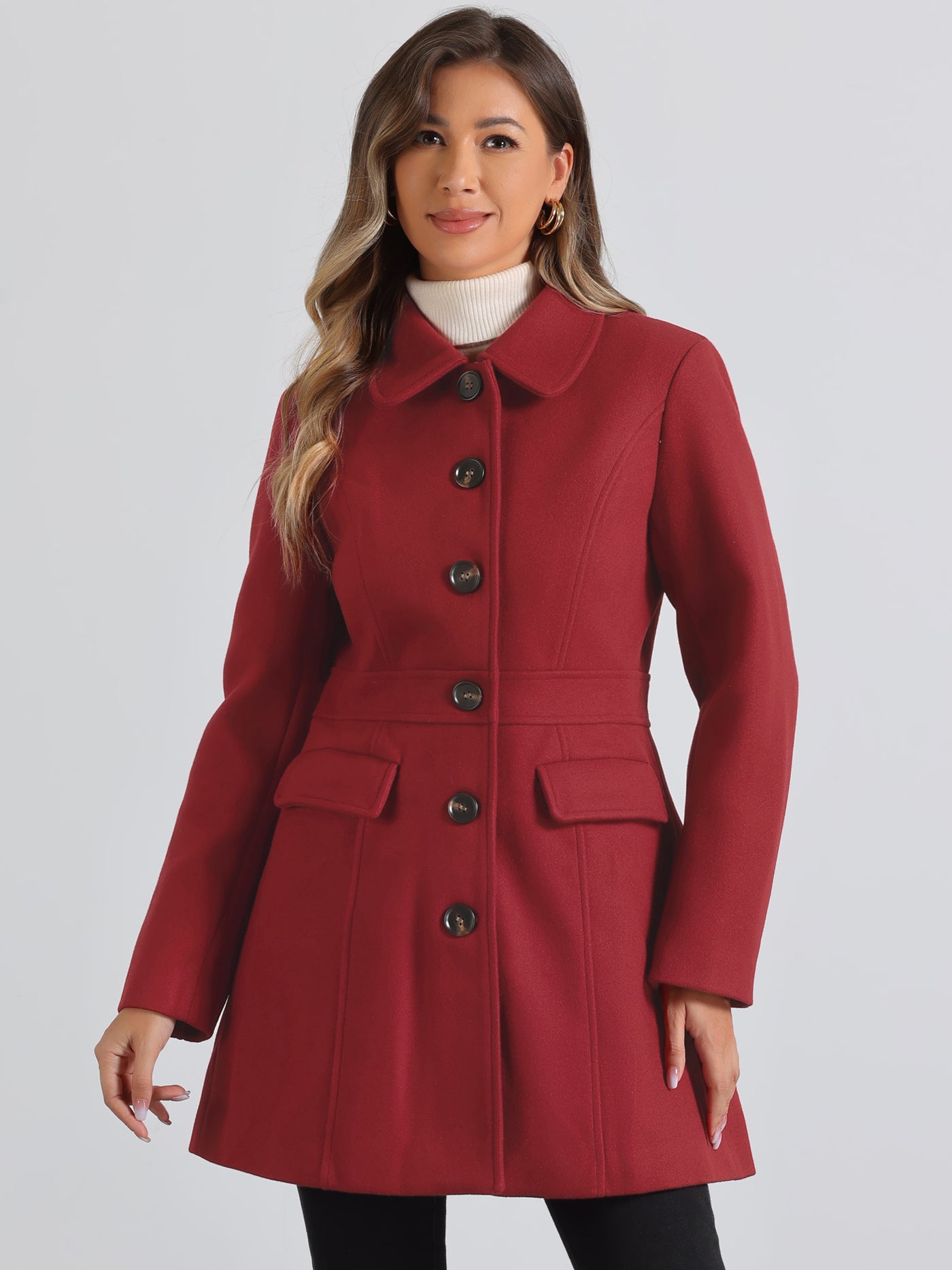 Allegra K Peter Pan Collar Flap Pocket Single Breasted Button Long Coat