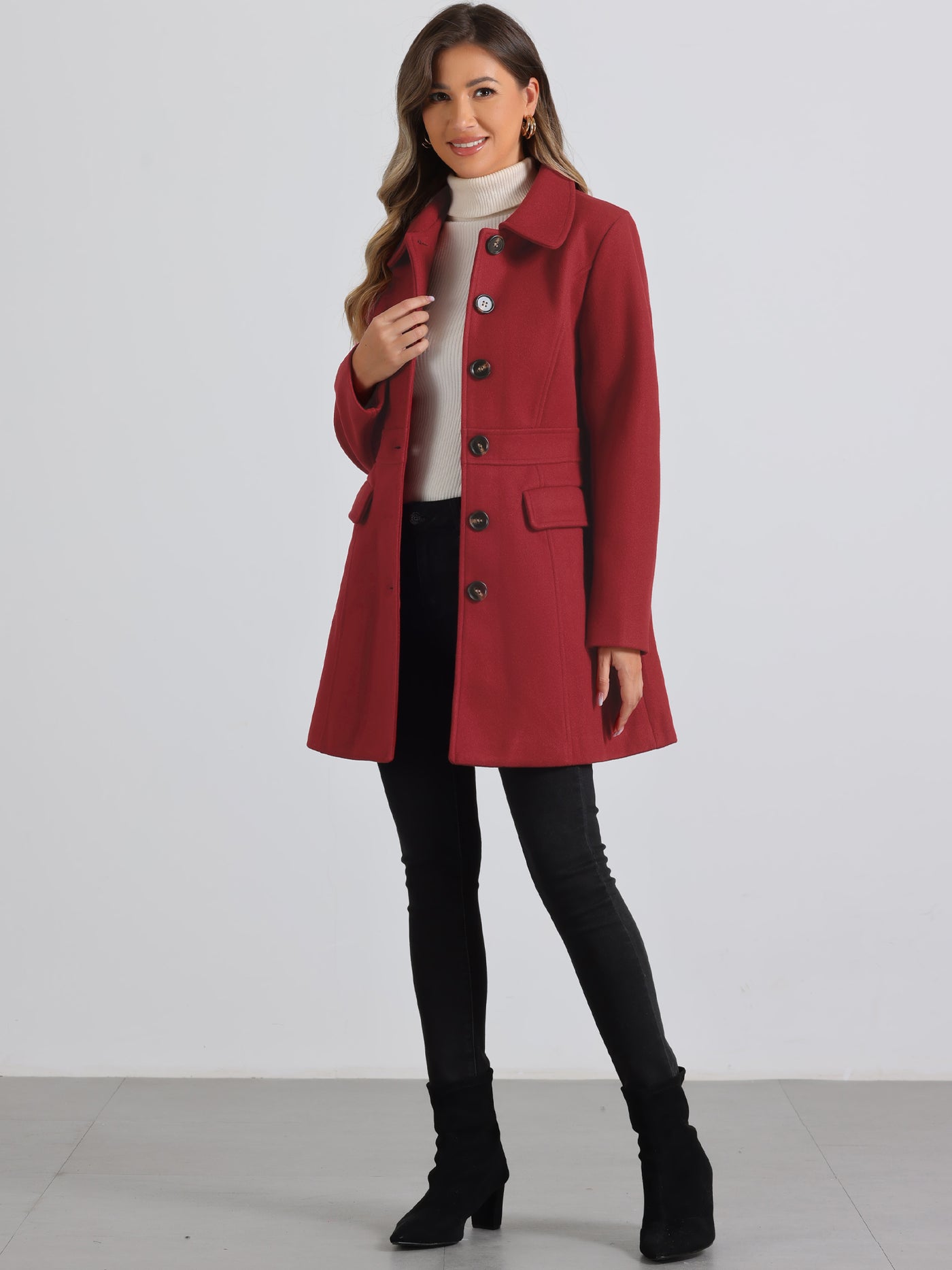 Allegra K Peter Pan Collar Flap Pocket Single Breasted Button Long Coat