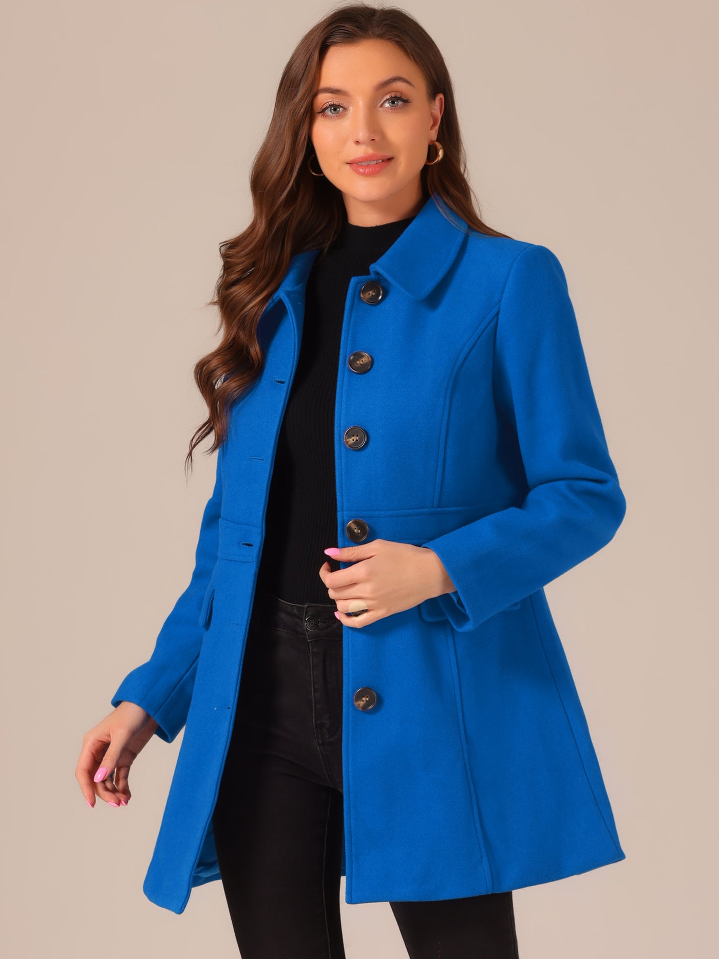 Allegra K Peter Pan Collar Flap Pocket Single Breasted Button Long Coat