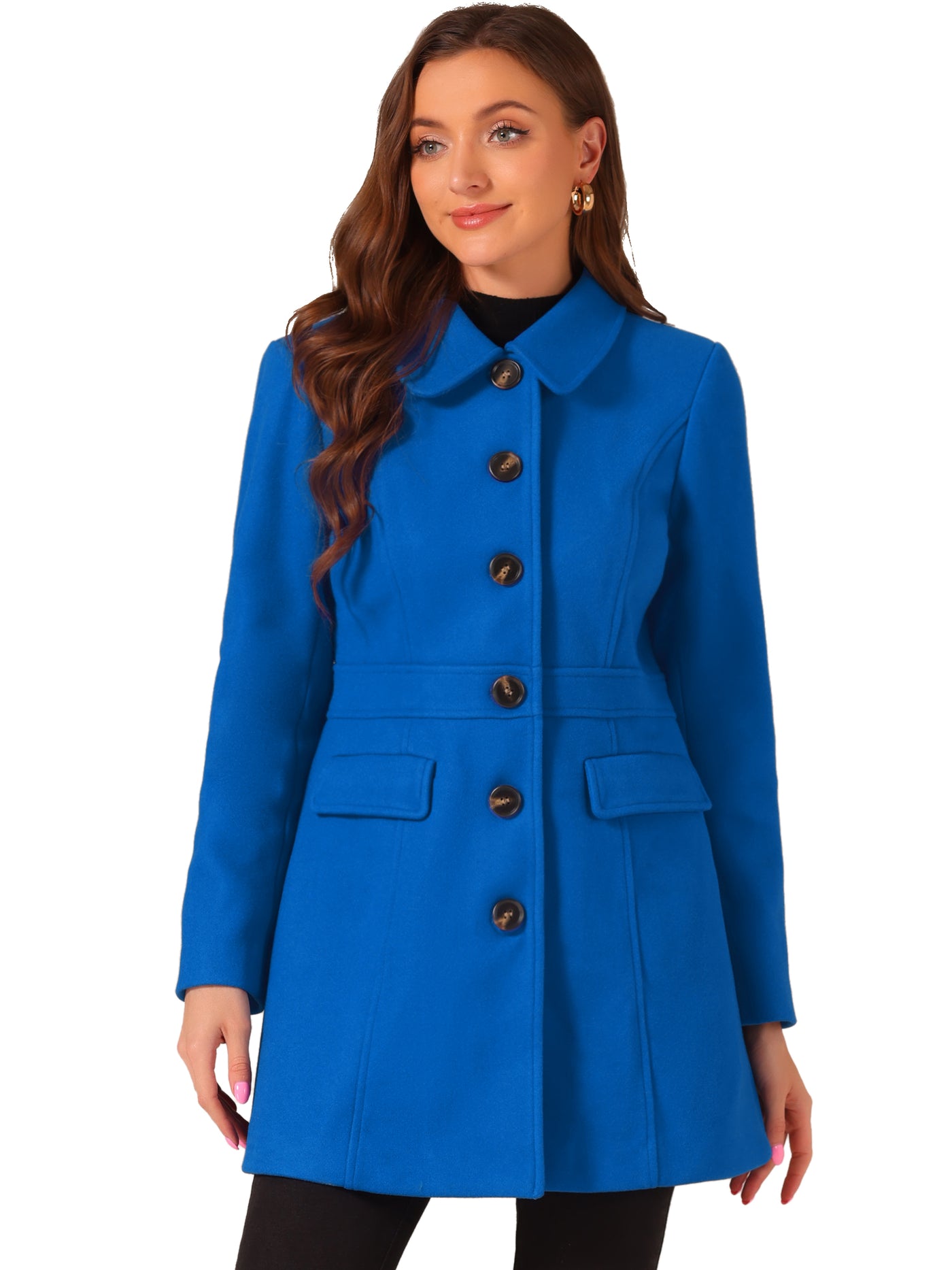 Allegra K Peter Pan Collar Flap Pocket Single Breasted Button Long Coat