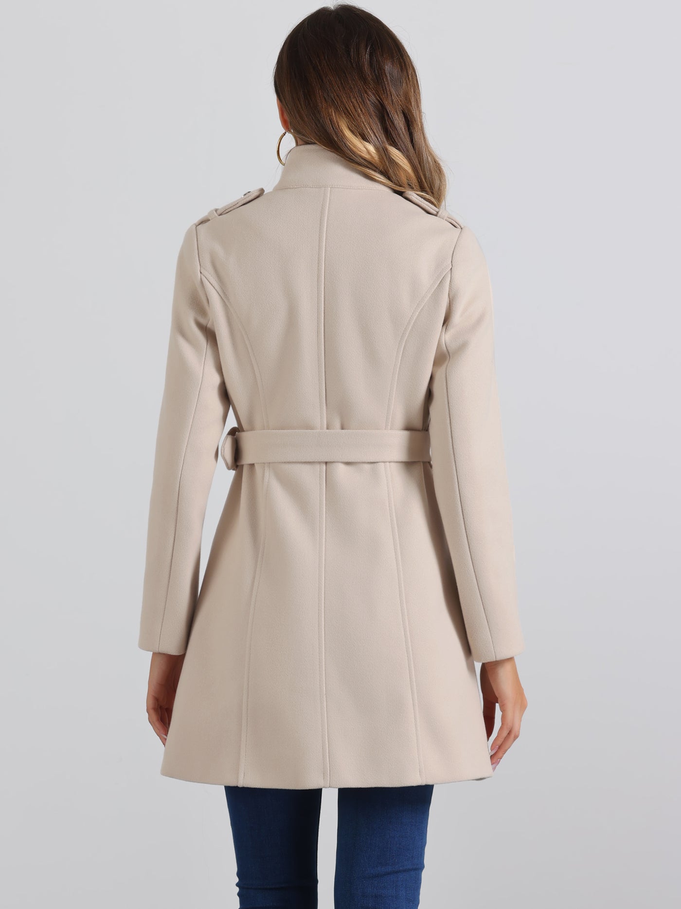 Allegra K Classic Stand Collar Zip Up Belt Winter Trench Coat