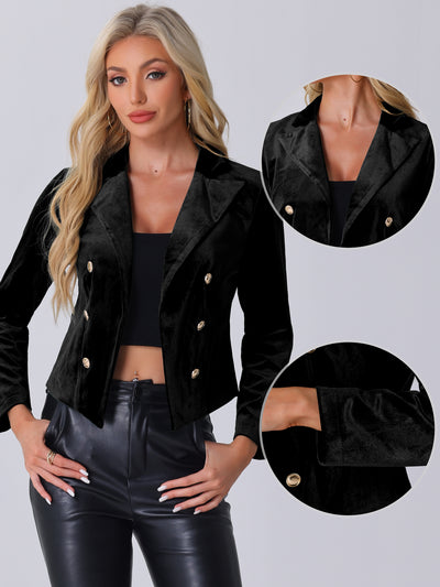 Notch Lapel Open Front Button Decor Velvet Cropped Jackets